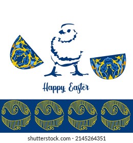 Happy Easter card with chick and painted eggs. Ukrainian traditional Easter patterns