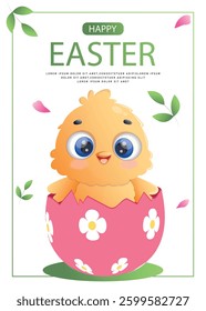 Happy Easter card with a chick sitting inside a decorated Easter egg. Vector illustration for greeting card, banner, promo, sale, advertising. 