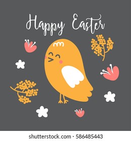 Happy Easter Card with chick, Vector Illustration.