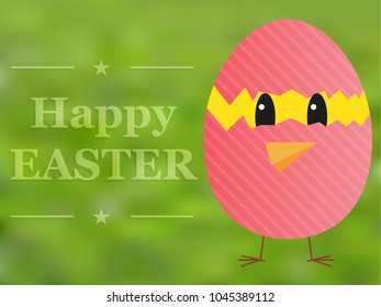Happy Easter card with chicken in broken egg illustration, seasonal background with pink painted egg