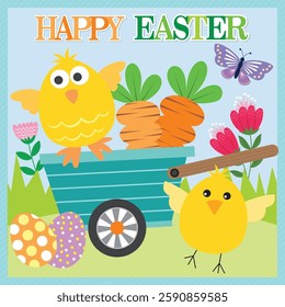 Happy Easter card with chicken and carrots on the cart