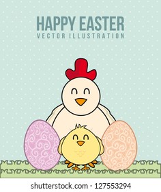 happy easter card with chicken and eggs. vector illustration