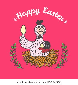 Happy Easter card with chicken and eggs. Vector illustration of Easter ornamental card with chicken on red background.