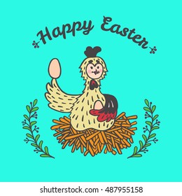 Happy Easter card with chicken and eggs. Vector illustration of Easter ornamental card with chicken on blue background.