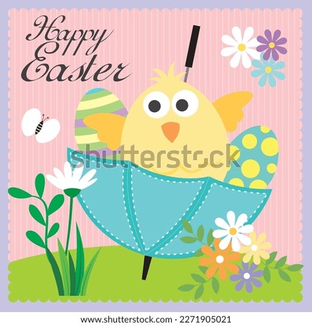 Happy easter card with chicken and eggs on umbrella