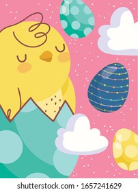 happy easter card chicken on eggshell eggs clouds decoration vector illustration