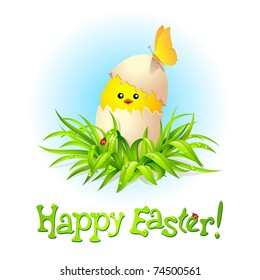 Happy Easter card with chicken on green grass.
