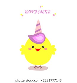 Happy Easter card chicken wearing unicorn horn. Cute cartoon funny kawaii baby character. Flat design. For greeting card, posters, illustration. Vector.