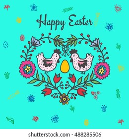 Happy Easter card with chickens and egg. Vector illustration of Easter ornamental card with chicken on blue background.