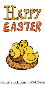 Happy Easter card with chickens on nest. Hand drawn vector illustration in cartoon style