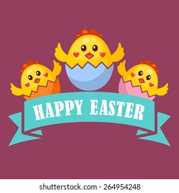 Happy Easter card with chicks in Easter eggs and ribbon