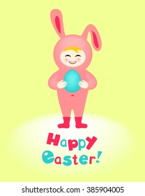 Happy Easter card. Child-bunny with Easter egg in hands. Easter Rabbit costume. Christian holiday