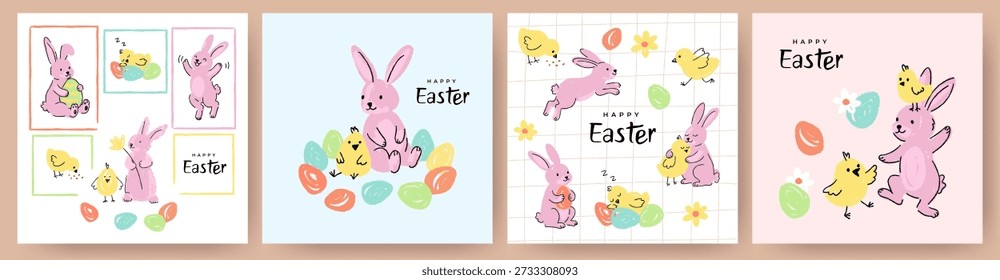 Happy Easter card collection. Trendy Easter design with hand-drawn crayon scenes featuring a chick, easter bunny and eggs in pastel colors. Cute artistic Easter template for ads, web banner,  poster.