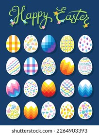 Feliz tarjeta de Pascua. Colección de veinte huevos decorativos coloridos con inscripción. Aislado sobre un fondo azul oscuro. Ilustración plana vectorial.