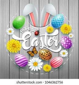 Happy Easter card with colored eggs, flowers, bunny ears and insect in round shapes on wood background