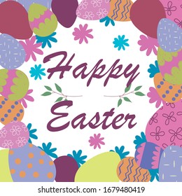 happy easter card with colored eggs and spring flowers. decorative frame from eggs. vector illustration