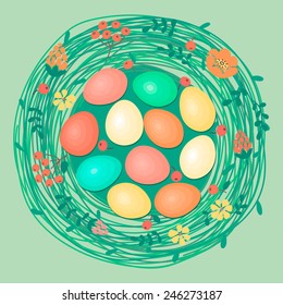 Happy Easter card with colored eggs in nest. Vector illustration.