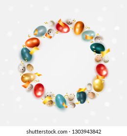 Happy Easter card with colored realistic chicken eggs and quail eggs, wreath. Festive vector illustration suitable for design of advertising banner, leaflet, poster, poster, flyer