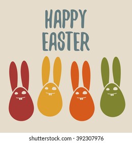 Happy Easter card with colorful bunnies eggs.