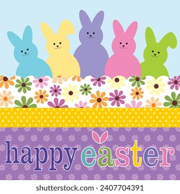 Happy easter card with colorful bunny and flower pattern