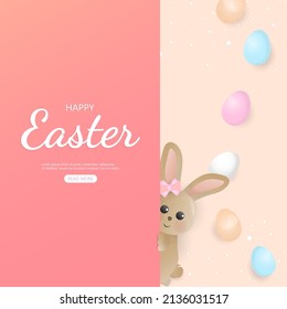 Feliz tarjeta de Pascua y colorido huevo de Pascua con conejo. Ilustración del vector