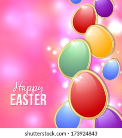 Happy Easter card with colorful eggs and starry glittering effects in the background