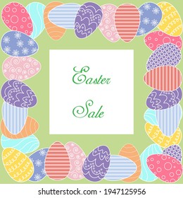 Happy Easter card with colorful easter eggs and greetings on green background. Vector design