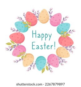 Happy easter card with colorful eggs and lavender