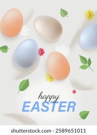 Happy Easter card with colorful Easter eggs and nice flowers. Vector background for Easter day.