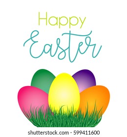 Happy Easter card, colorful eggs and green grass, vector, white background
