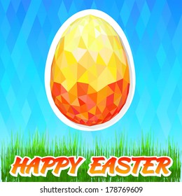 Happy Easter card with Colorful Polygonal Egg on sky background.