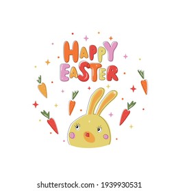 Happy Easter card. Colorful vector illustration with hand drawn text, Easter bunny, carrot and stars. Hand lettering design for greeting card, poster, postcard. Modern flat style, round shape