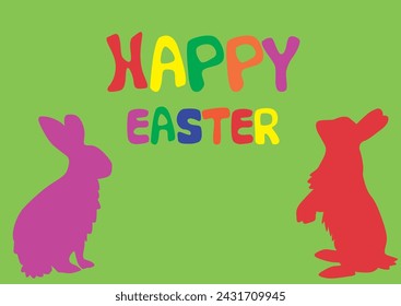 Happy Easter, card with colorful white bunnies. Vector illustration.