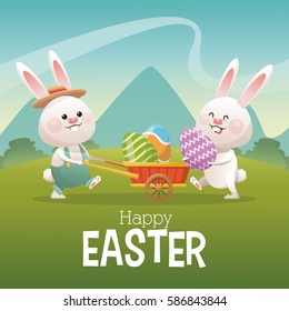 happy easter card couple bunny egg landscape