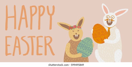 Happy Easter card. Couple of cute bunnies holding decorated egg, laughing, wearing flower crown, glasses, mustache and tie. Hand drawn lettering. Pastel pink background. Horizontal DL size.