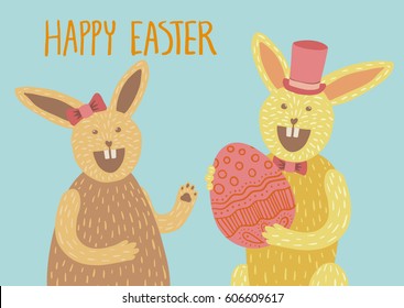 Happy Easter card. Couple of cute bunnies holding decorated egg, laughing, wearing red hair bow, top hat, bow tie. Hand drawn lettering. Blue background. A6, A5, A4, A3 horizontal size.