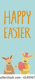 Happy Easter card. Couple of cute bunnies holding decorated egg, laughing, wearing red hair bow, top hat. Hand drawn lettering. Blue background. Vertical DL size.