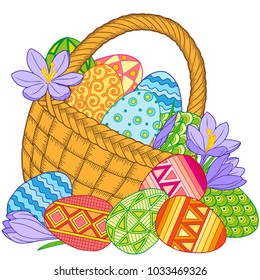 Happy Easter. Card of crocuses and Bright easter eggs in the basket isolated on white background. Vector isolated elements.