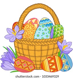 Happy Easter. Card of crocuses and Bright easter eggs in the basket isolated on white background. Vector isolated elements.
