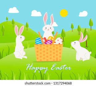 Happy Easter card with cute bunnies, basket full of eggs and outdoor landscape. Can be used for poster, invitation, flyer