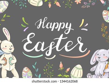 Happy Easter. Card with cute bunnies, eggs and flowers