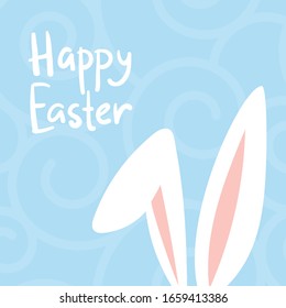 Happy Easter card with cute bunnies ears, baby rabbit on tender blue background for kids cartoon vector illustration. Funny rabbits for easter holiday card.