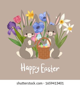 Fröhliche Osterkarte mit süßen Brötchen, Babykaninchen und dekorativen Frühlingsblumen, Korb mit Eiercartoon Vektorillustration Illustration. Kaninchen für Ostern Urlaub Frühlingskarte.