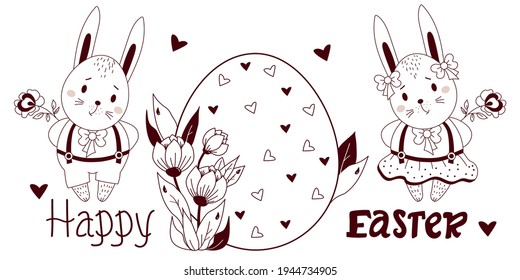 Feliz Pascua - tarjeta con lindos conejitos de Pascua. Muchacho y chica con un gran huevo de Pascua y flores. Ilustración vectorial, contorno. Diseño, decoración, tarjetas de felicitación e impresión