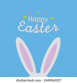 Happy Easter card with cute bunnies ears, baby rabbit on tender blue background for kids cartoon vector illustration. Funny rabbits for easter holiday card.