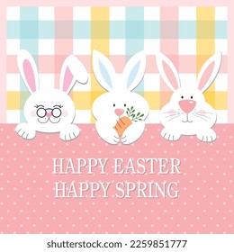 Happy easter card with cute bunnies and tartan background