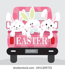 Happy easter card with cute bunnies on the car