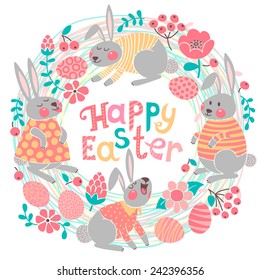 Happy Easter card with cute bunnies and colored eggs. Vector illustration.