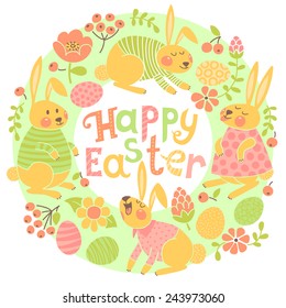 Happy Easter card with cute bunnies and colored eggs. Vector illustration.