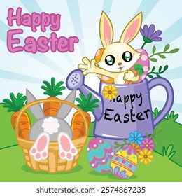 Happy Easter card with cute bunnies inside kettle and basket